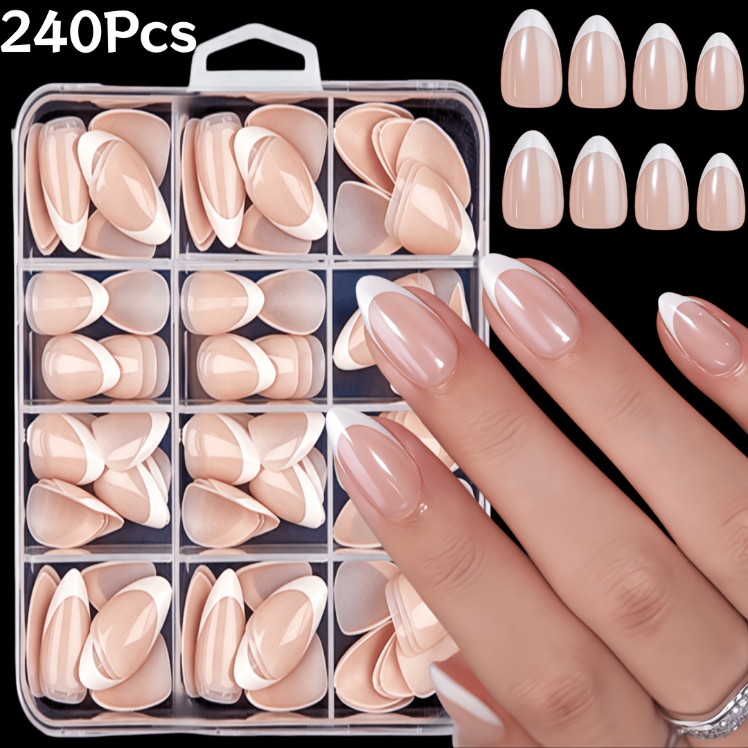 TEMU 240 stuks Korte Amandel Gegalvaniseerde French Tip Press-On Nagels, Abrikoos en Witte Gegalvaniseerde French Fake Nagels Combinatieset, 12 Maten