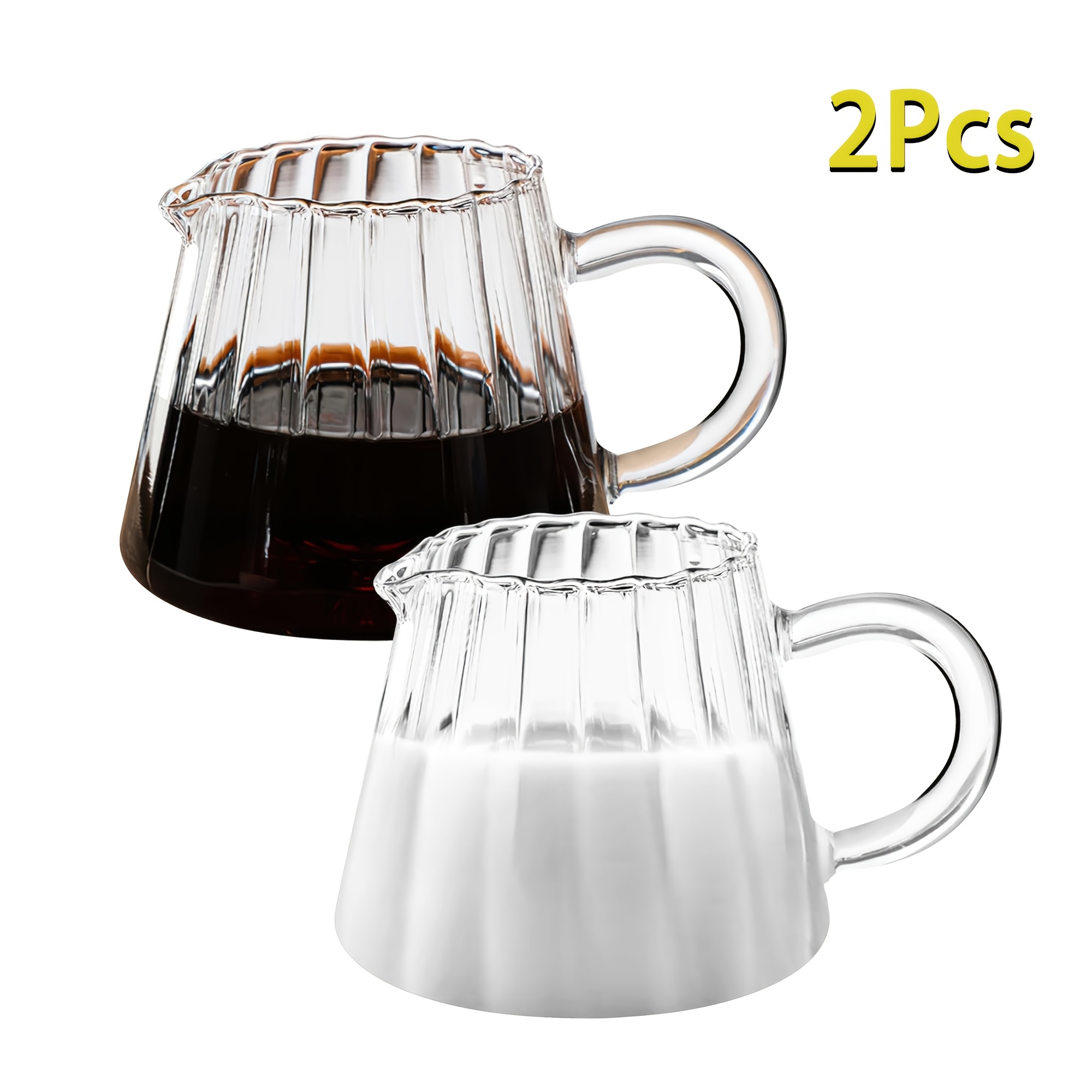Image of 2pcs Kingdalux Elegant Wave Glass Pitcher - Glass Creamer Jug & Milk Frothing Cup, 6oz Wave-shaped Pitchers For Coffee, Tea, Milk, For Kitchen, Cafe, Restaurant - Durable Glass Jugs With Elegant , Cup