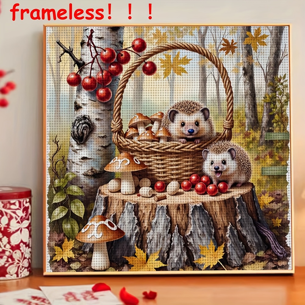 TEMU 1 Kit de Broderie DIY - Hérissons avec Panier de Friandises, Ensemble Complet de Loisirs Créatifs avec Tissu, Fils, Aiguilles & Instructions,