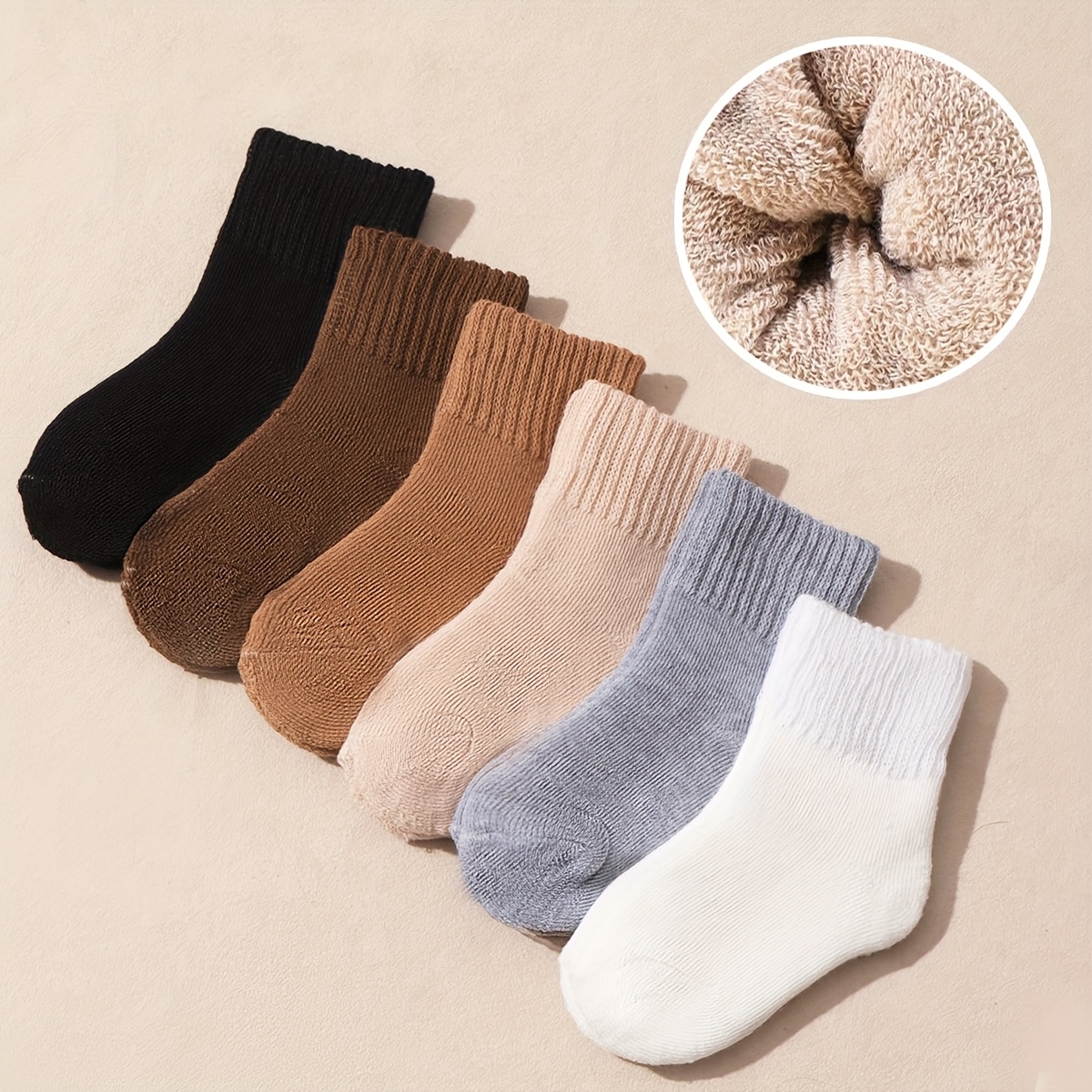 Image of 6 Pairs Of Solid Color Thickened Fleece Warm Elastic Mid-calf Socks For Infants And Toddlers For Autumn And Winter