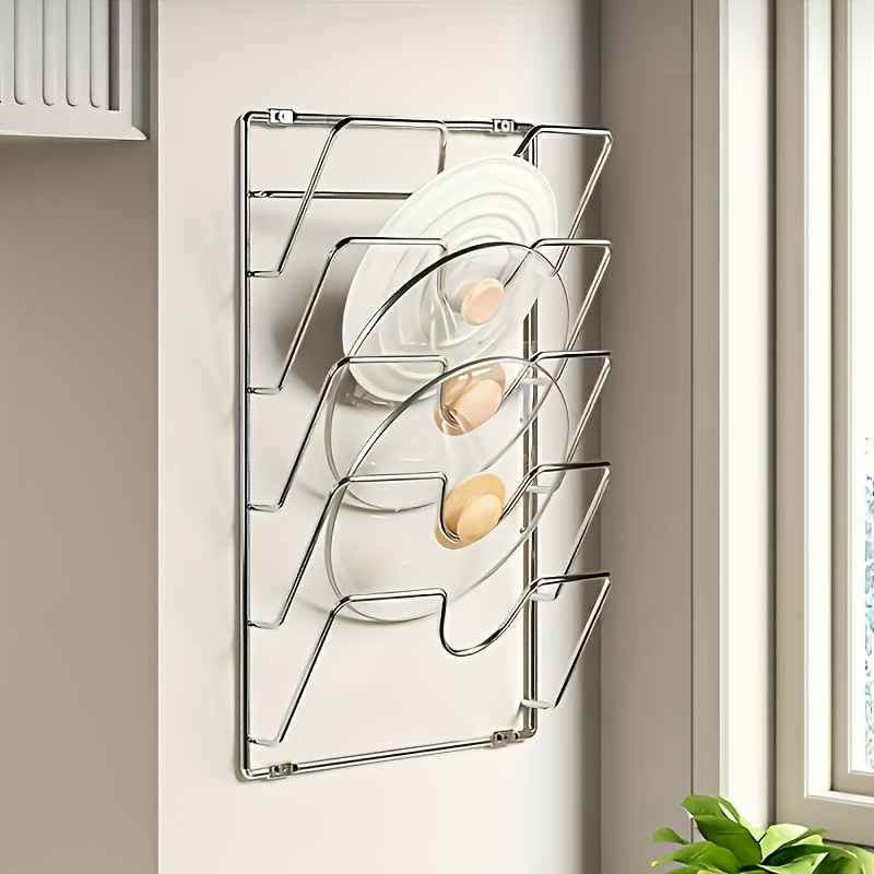 TEMU [1pcs Hanging Pot Lid Organizer] 1pc Durable Metal Hanging Pot Lid Organizer, Multi-tier Wall-mounted Kitchen Storage Rack For Pots And Lids,