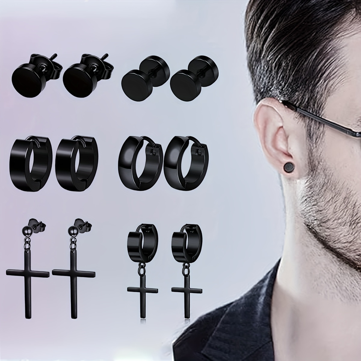 

6 Pairs Punk Style Stainless Steel Stud Earrings For Men, Cross Pendant Hoop Earrings