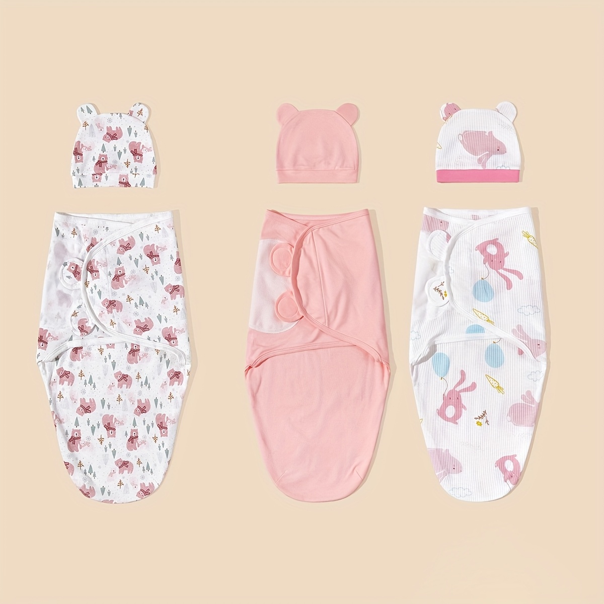 3pcs Newborn Swaddle Hat Set with Spring/summer Wrap