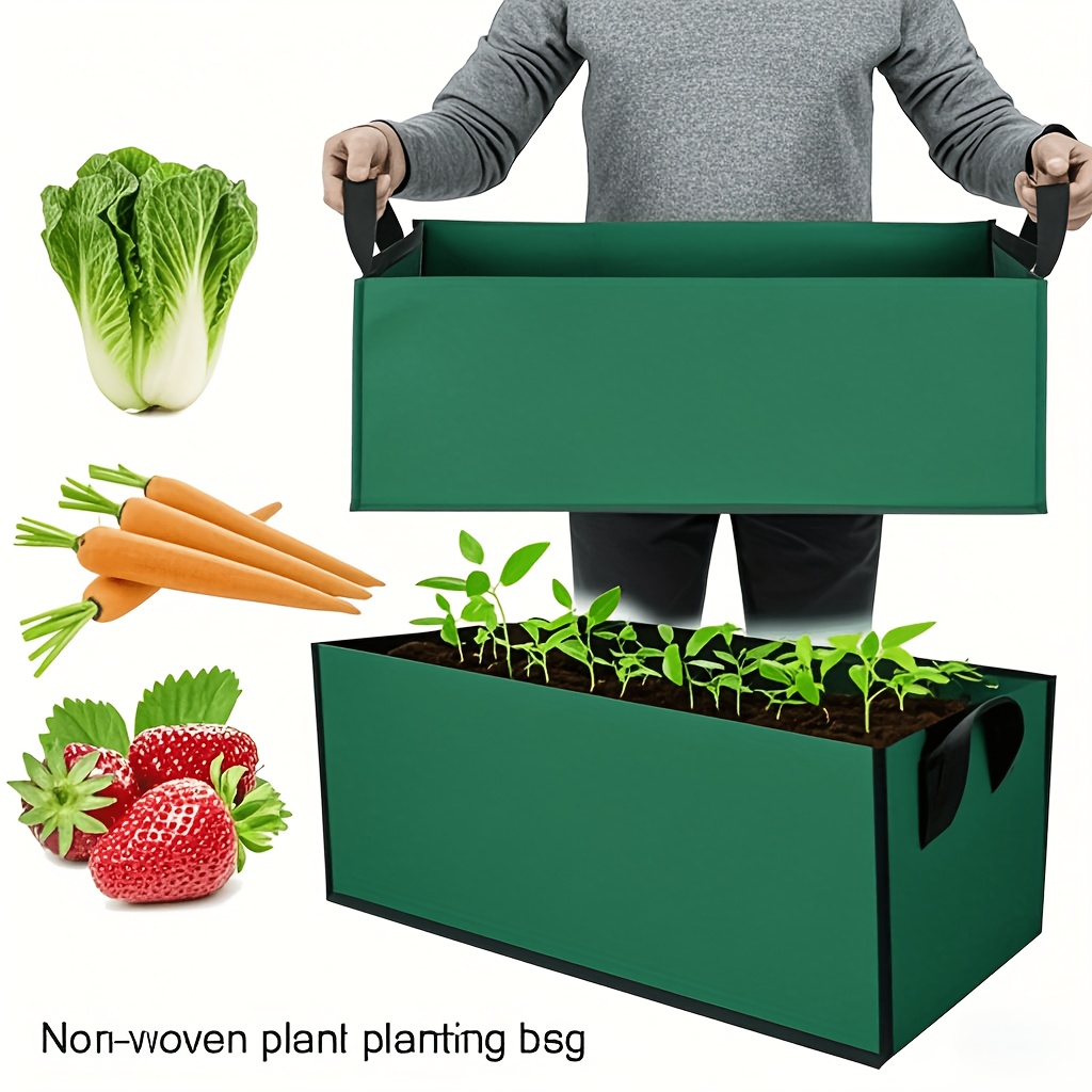 a large capacity multi functional foldable planting bag with handles   in multiple sizes made of durable non woven fabric suitable for vegetables and seedlings classic rectangular design ideal for tomatoes potatoes lettuce and
