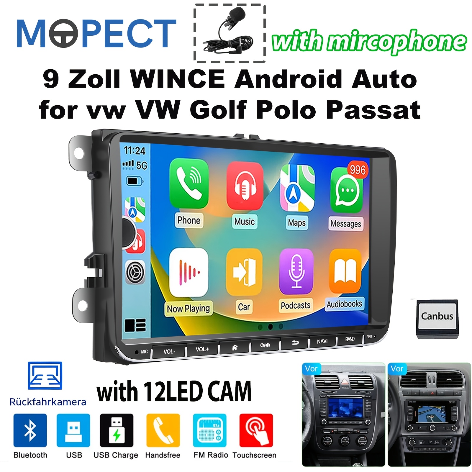 Image of Mopect 2 Din 9 Inch Touch Screen With Auto, Wince Auto Car Stereo Radio For Vw Golf 5 6 Plus Caddy Jetta Tiguan , Supports Swc Usb Am Wireless 5.0 With Rearview Camera Mircophone