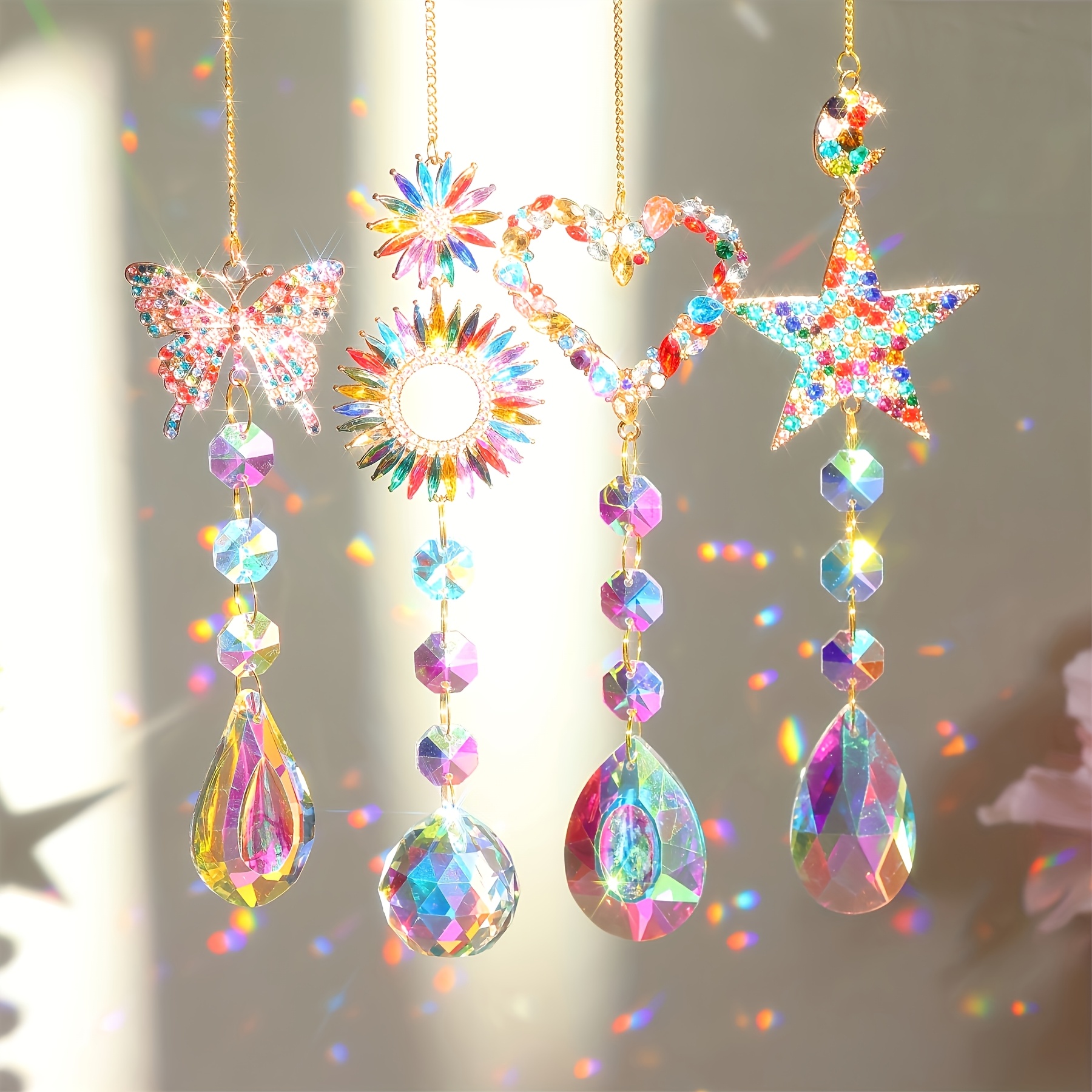 TEMU 4pcs Suncatcher, Handmade Colorful Sun Catcher With Fake Diamond Decoration, Suncatcher, Heart Pentagram Fake Jewelry Pendant, Home Dedor, Room