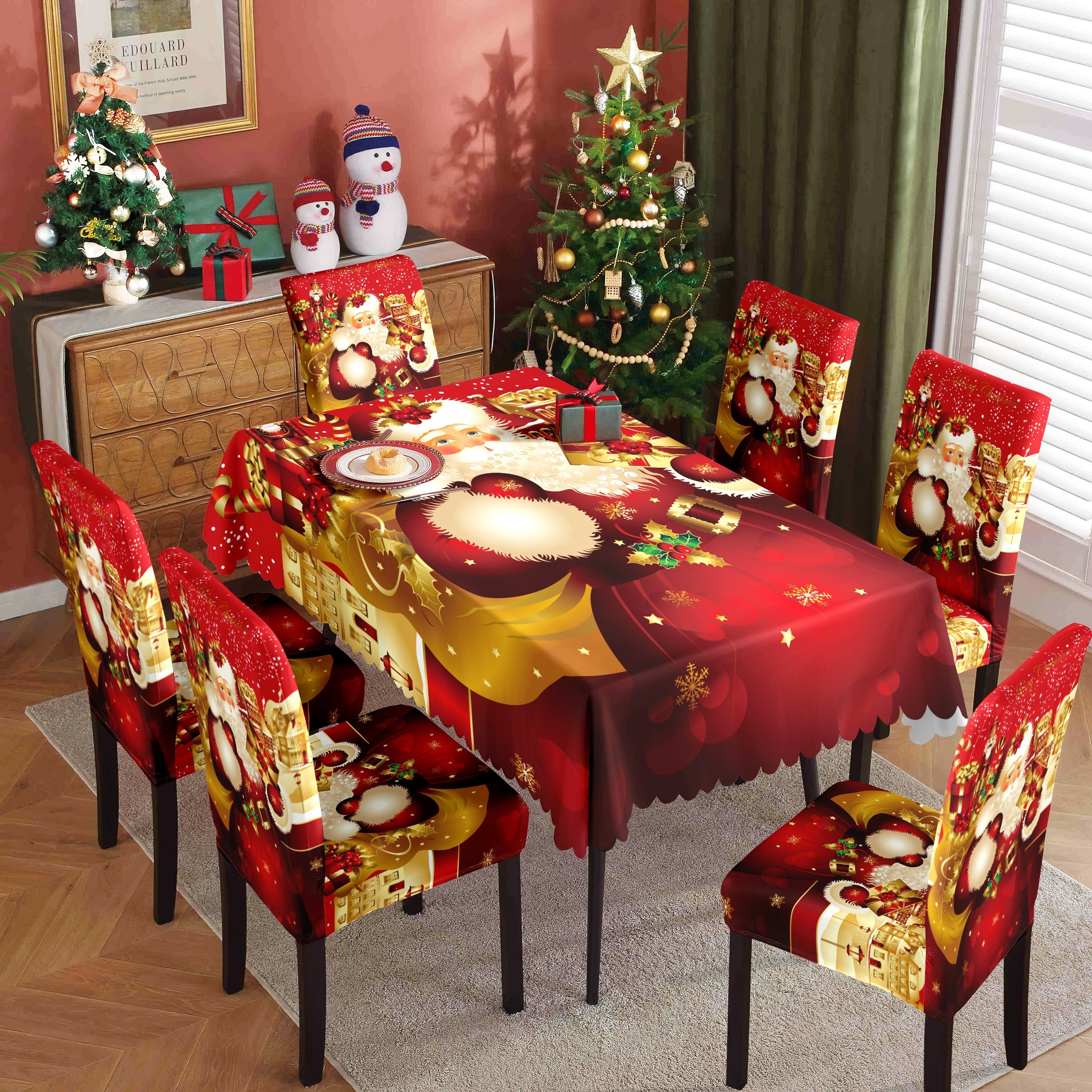 

; Printed Tablecloth And 7pcs Set 6 Covers + 1 Tablecloth / 5pcs Set 4 Covers + 1 Tablecloth, And Oil- Table And , Christmas Decoration Tablecloth And Set