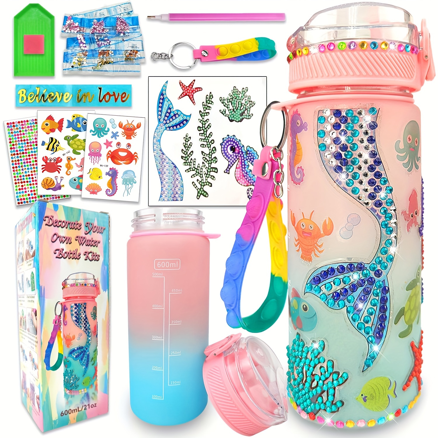 

1 Pack Diy Water Bottle Kits, 600ml/20.29oz Bottles With Mermaid & Unicorn Stickers, Gemstone & Diamond Painting Crafts, Fun Diy Art Gifts For Birthday, Creative Summer Crafting Sets