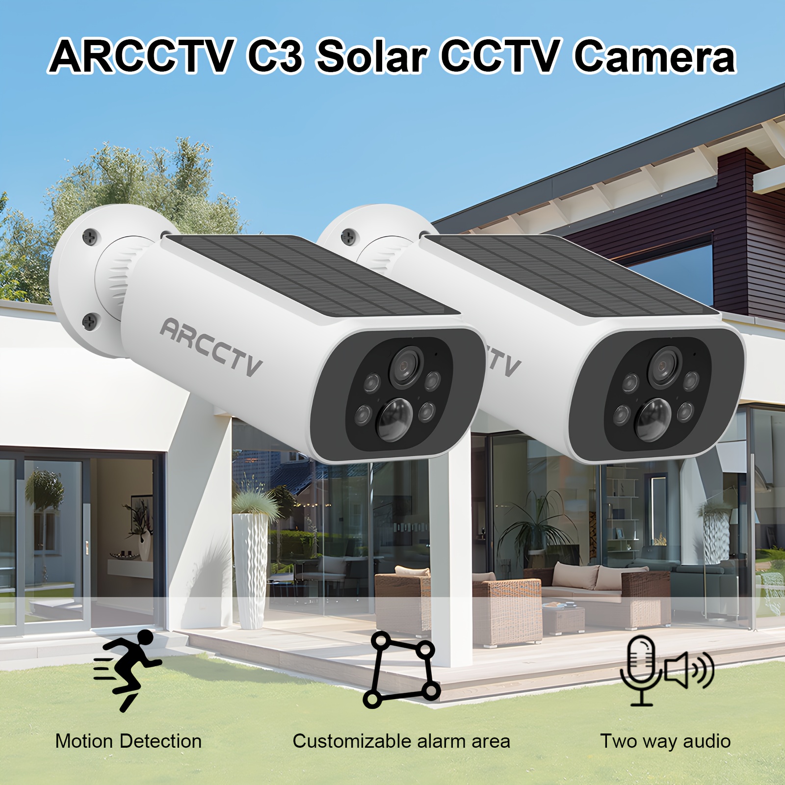 TEMU Outdoor Security Cctv Cameras With Night Vision, Solar-powered Wireless Battery Camera Systems, Spotlight & Siren Alarm, 2-way Audio, Pir/