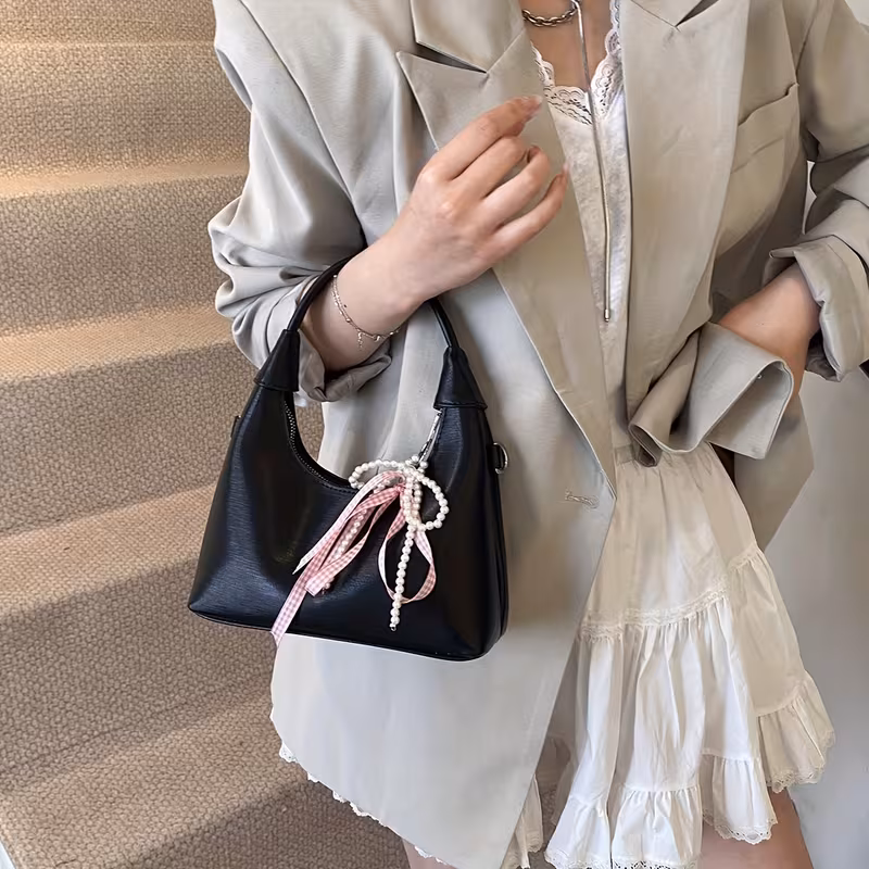 Chic Solid Color Decorative Handbag - Fashionable Crossbody Moon-Shaped Handbag with Zip Closure, Polyester Lining, And Edge Paint Detail - Available in White, Pink, Blue, Black - Ideal for Various Occasions, Purse Accessories