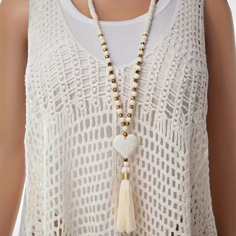 Ladies' Wooden Bead, Turquoise, And Tassel Pendant Necklace, Trendy Accessory