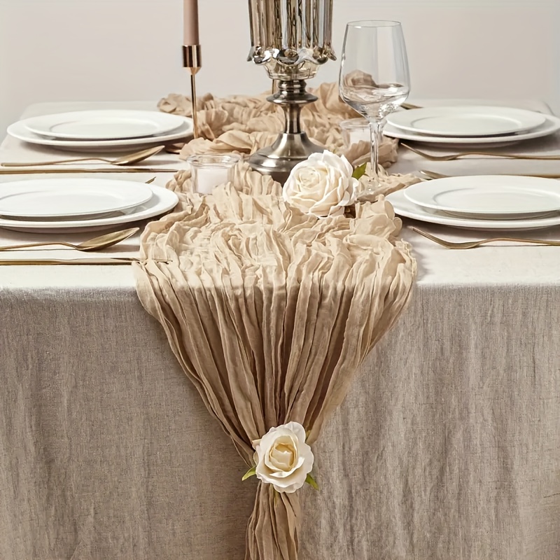 Image of 1/6pcs Beige Translucent Bohemian Style Cheese Table Runner, Polyester Tablecloth, Christmas Tabletop Decoration - Rustic Gauze For Weddings, Bridal Showers And Parties - Lightweight And Reusable