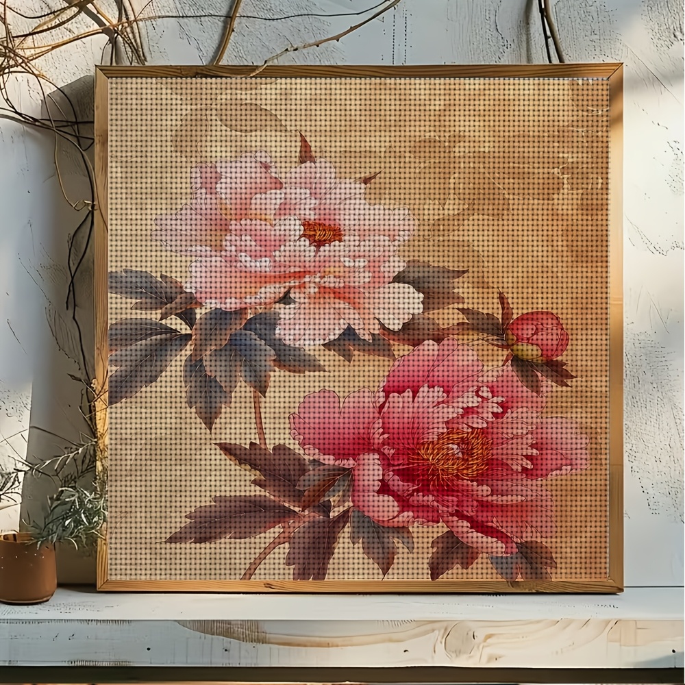 11CT Printed DIY Cross-Stitch Kit, Fine Peony Floral Pattern