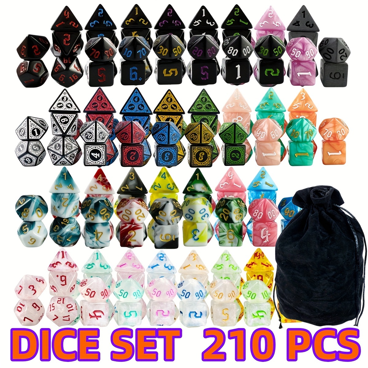 DND Dice Set - 30 X 7 Polyhedral Dice with Drawstring Bag