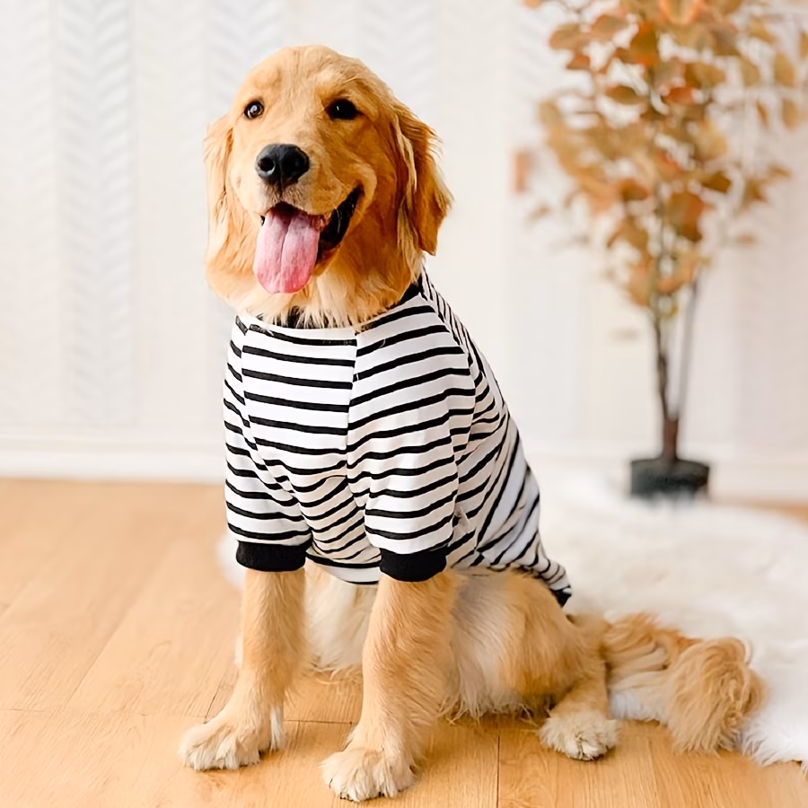 large dog fleece round neck black and white striped casual sweatshirt Product details 7