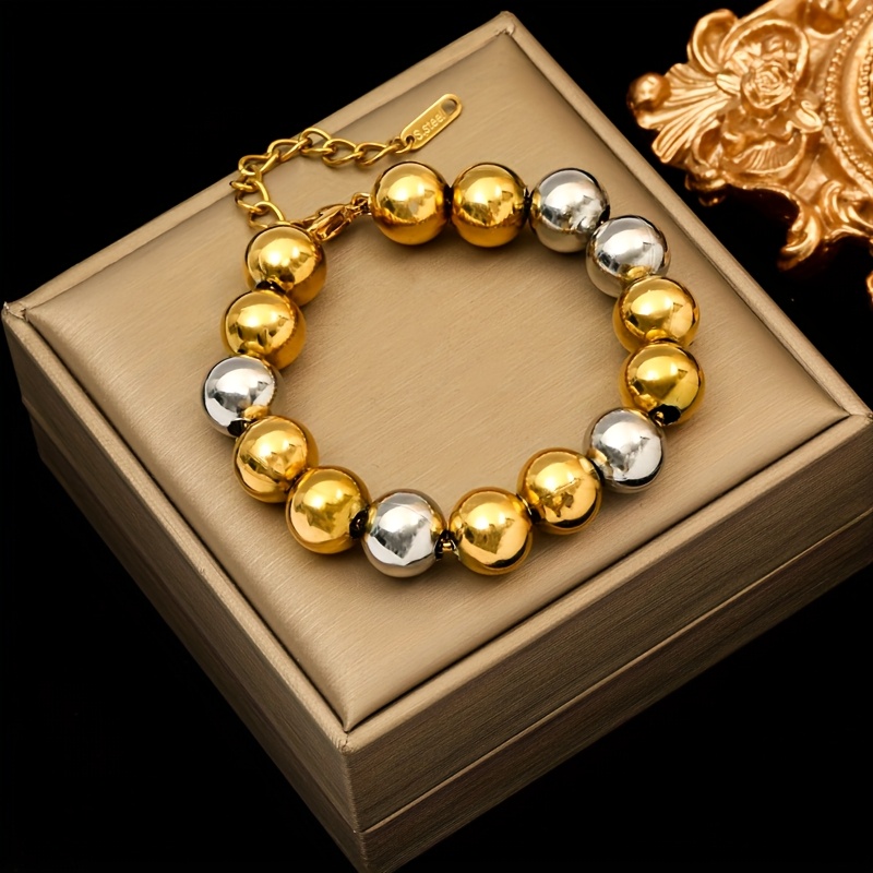 TEMU 1pc Pulseras de Cadena con Cuentas de Metal de Acero Inoxidable para Mujer, Color Dorado, Cadena Impermeable, Juego de Joyería de Charm, Regalo