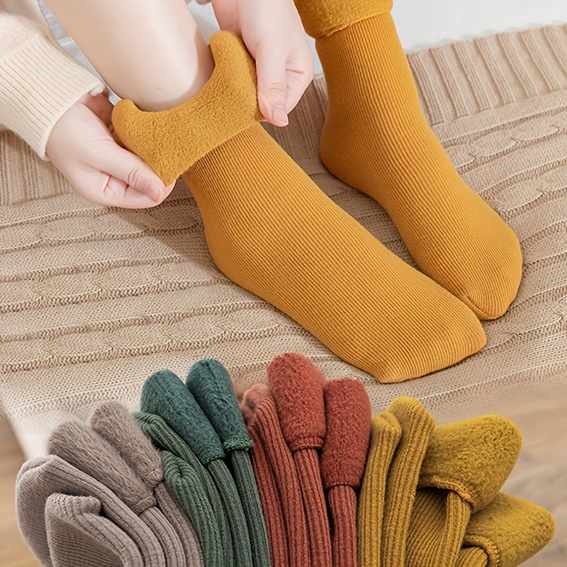 TEMU 5 Pairs Solid Plush Warm Socks, Casual Thickened Floor Indoor Socks For Fall & Winter, Women's Stockings & Hosiery