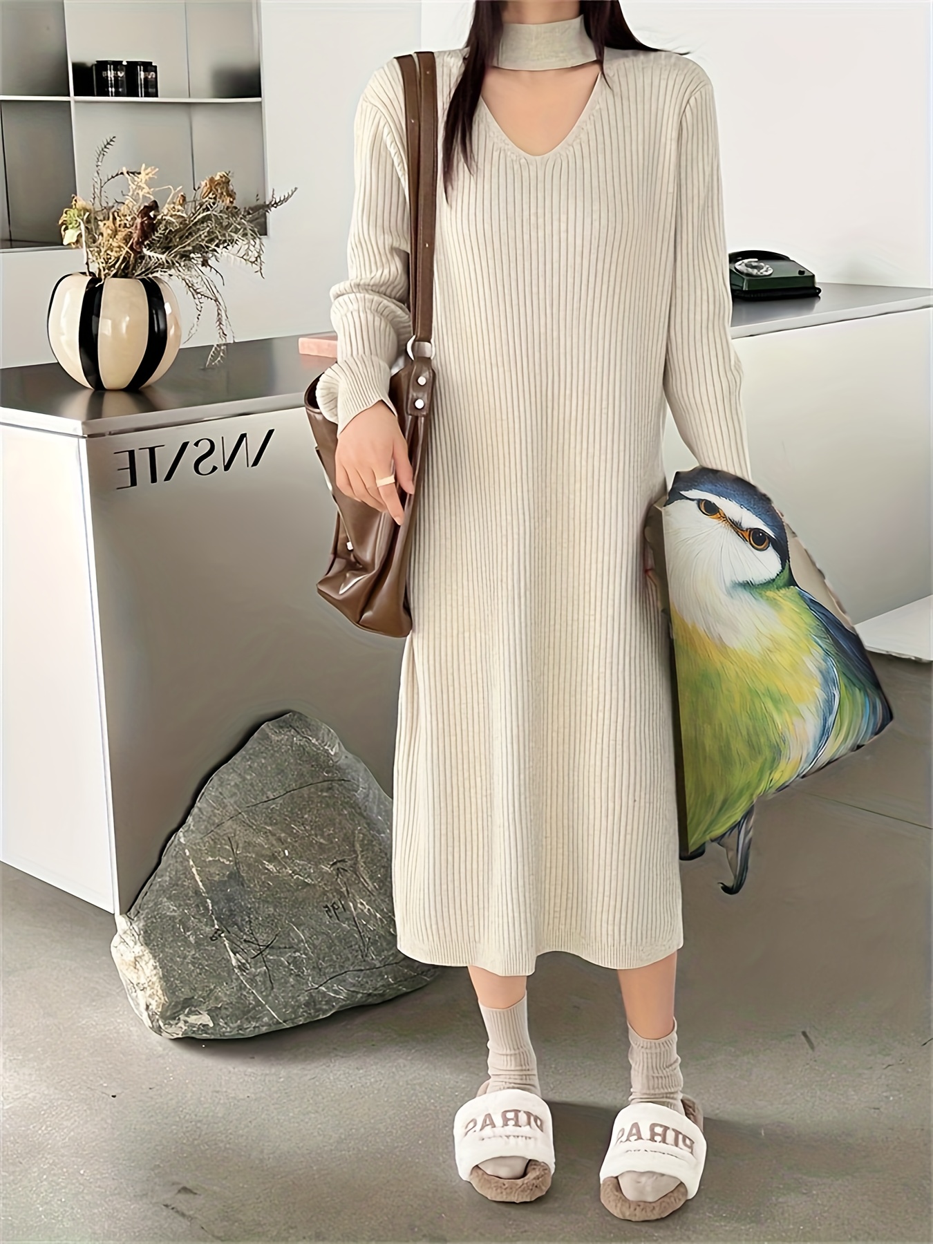 Solid Rib Knit Sweater Dress Elegant Mock Neck Long Sleeve - Temu Canada