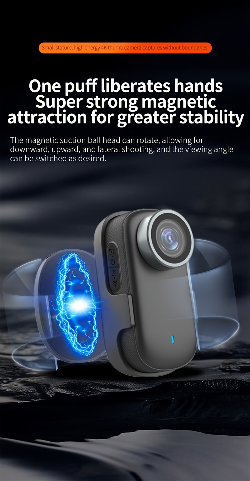 4K Ultra HD Thumb Action Mini Camera, Bike And Motorcycle Recorder, Built-In Hotspot Wifi, Wearable Action Camera, Magnetic Design, Compact And Lightweight, Easy to Install, Outdoor Travel, Sports And Pet Camera