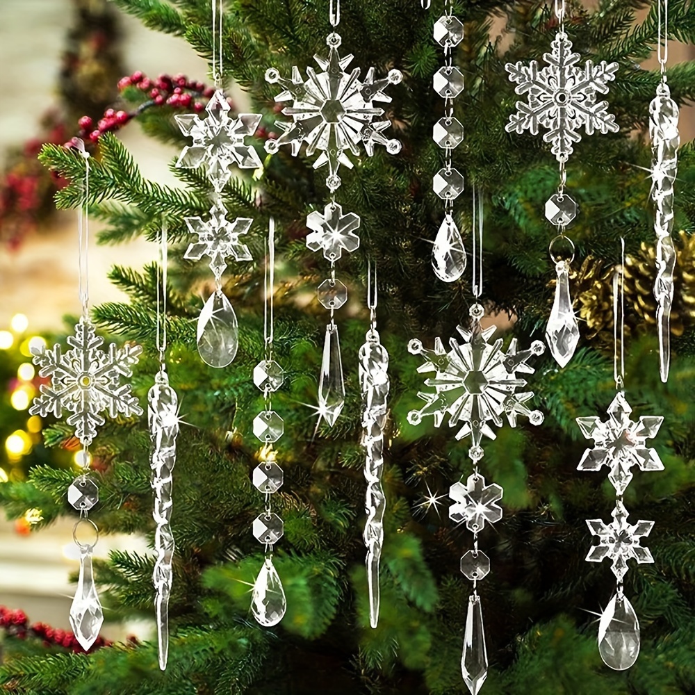 

20-piece Contemporary Acrylic Snowflake And Icicle Ornament Set - Translucent Christmas Tree Decorations For Holiday, Winter, New Year - No-electricity Festive Hanging Charms Without Feathers