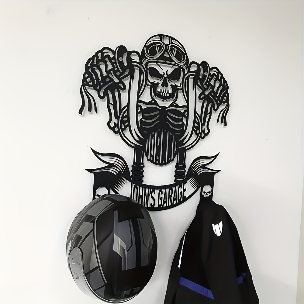 1pc Bohemian Style Metal Wall Art - Skull Motorcycle Rider with Goggles & Leather Jacket Design | Personalized Name Option | Durable Black & White Decor for Biker Bars & Home | Ideal Gift for Motorcycle Enthusiasts | Bohemian Decor