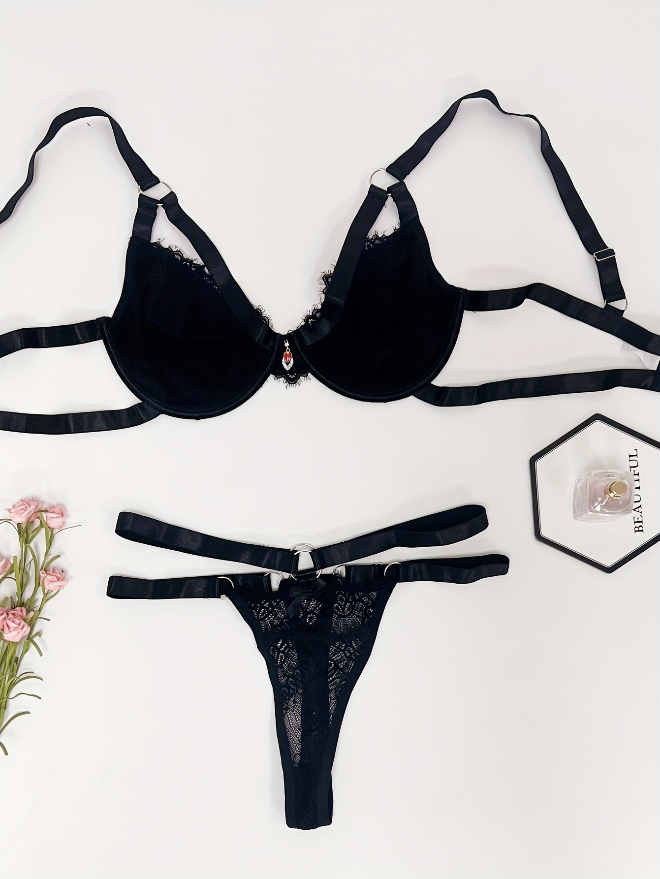 Women's Sexy Lingerie Set, Plus Size Contrast Lace Full Cover Bow Front Bra  & Panty Lingerie 2 Piece Set