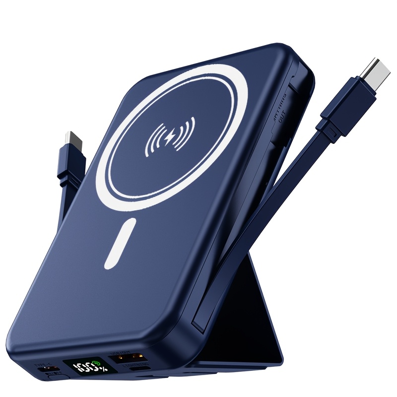 TEMU Batterie externe 9000mAh, batterie de magnétique 22.W, avec double câble pratique, affichage de LED, batterie externe avec support, peut charger