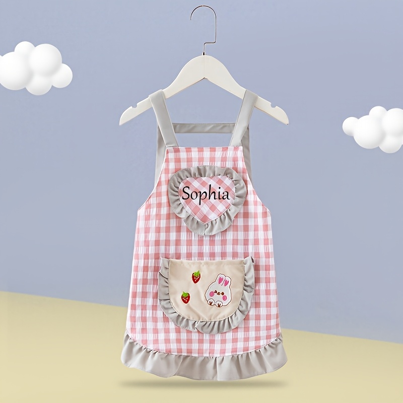 TEMU Personalized Rabbit Apron With Name/text - Mini Plaid Bib Apron Suitable For Baking, Painting, Birthday Parties, Durable Polyester Apron For &,