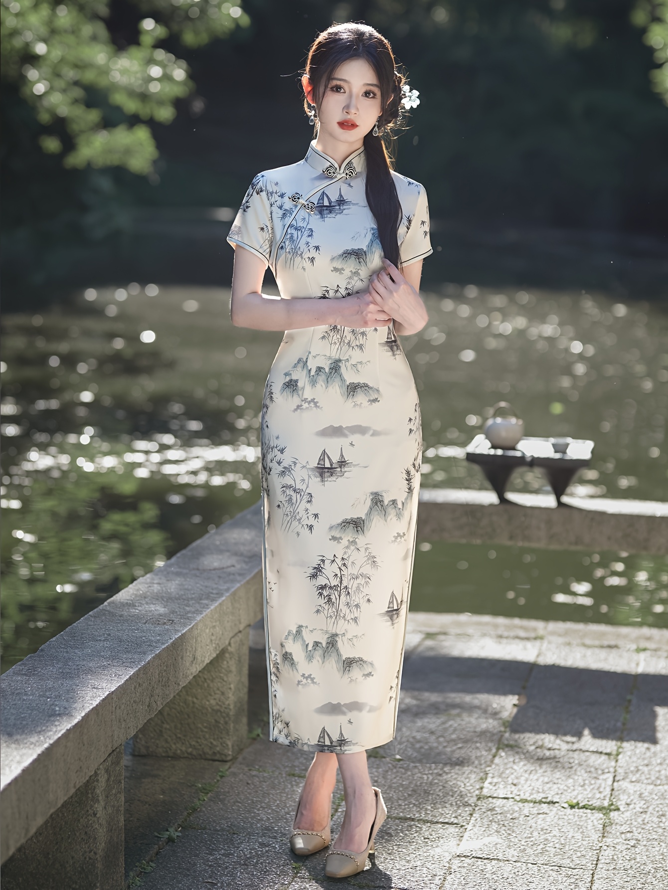 Women's Vintage Chinese Cheongsam Print Dress – Short Sleeve, Side Slit, Loose Mini Dress, Retro Style