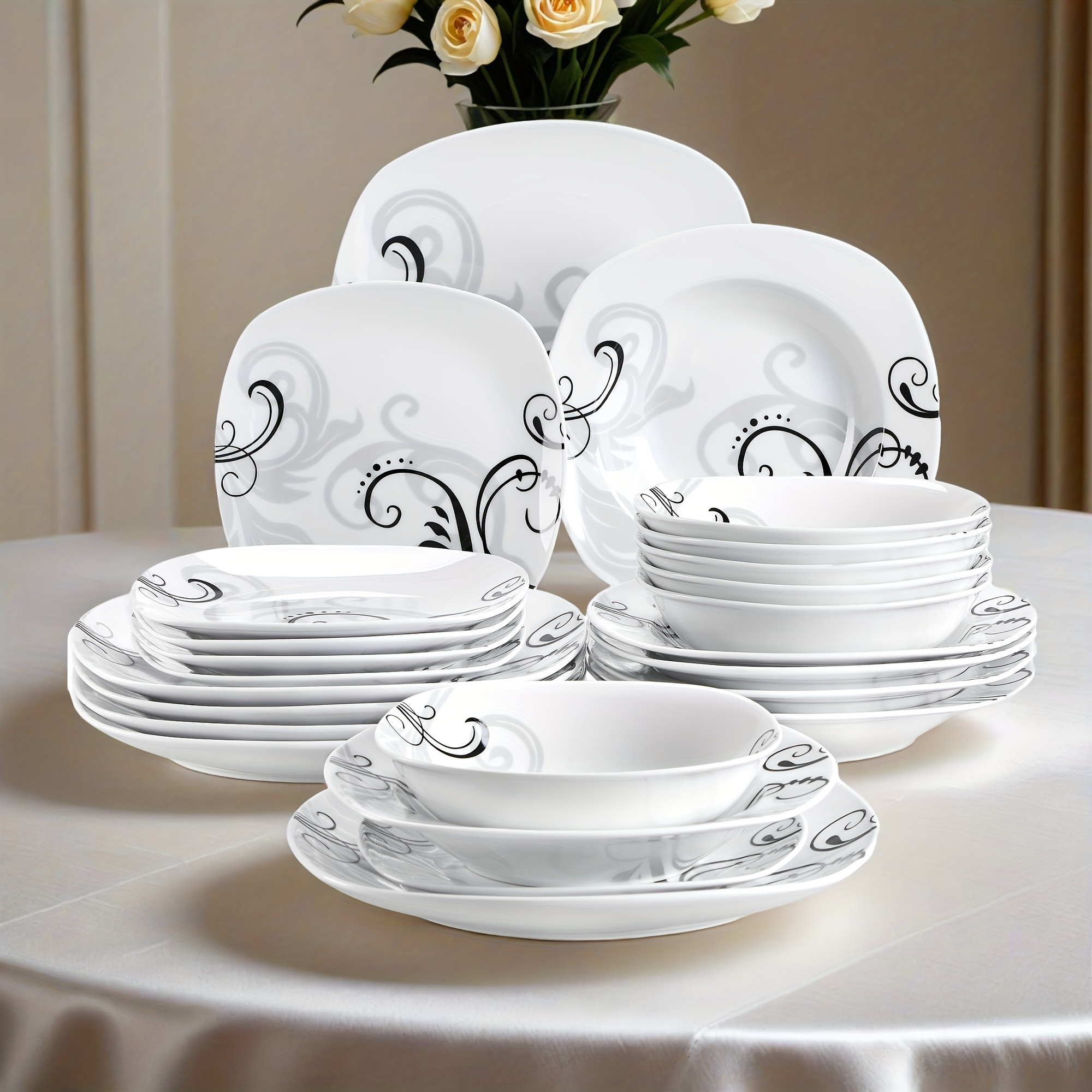 24pcs Dinnerware Set White Porcelain Square Tableware Plate Bowl Set Dinner Plate Dessert Plate And Cereal Bowl Service For 6