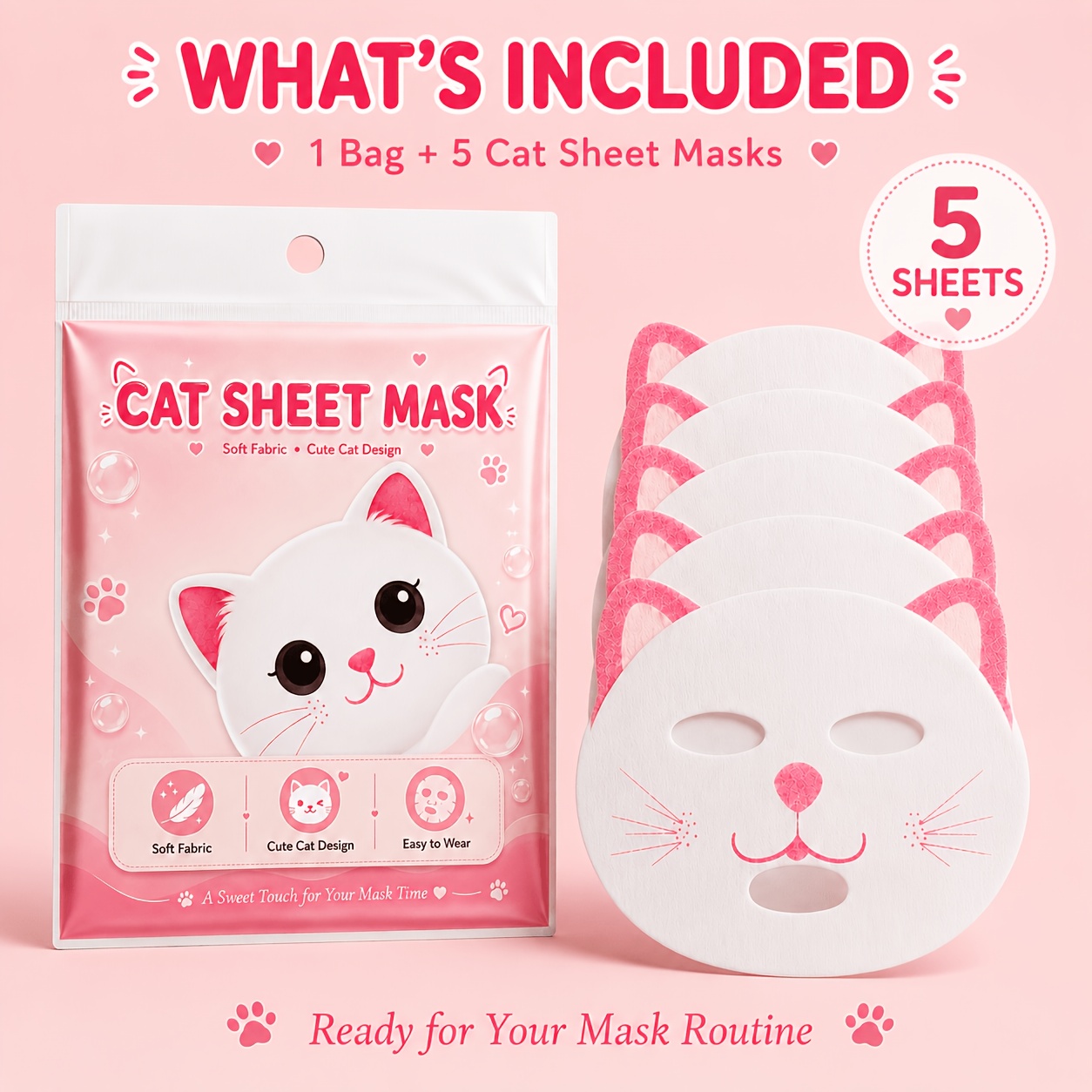 TEMU 5pcs (5 Sheets) Cat Face Mask Sheets Suitable For Skin Types, Non-woven Compressed Facial Mask Paper With Kitten Ear & Paw Print, Soft