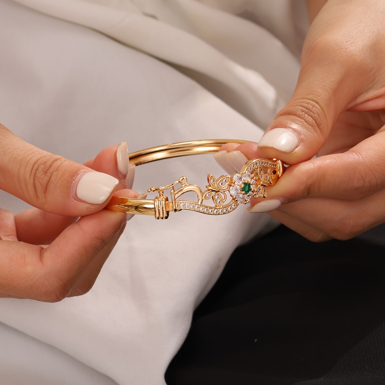 Golden Tone Butterfly Bangle Bracelet with Zirconia & Floral