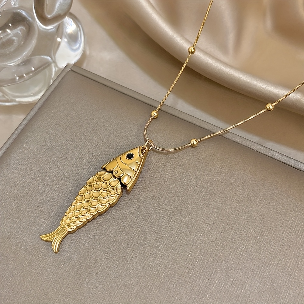 TEMU 1pc 3d Goldfish Pendant Stainless Steel Necklace Beach Style Fashion Jewelry Party Gifts Suitable For Daily Wear.