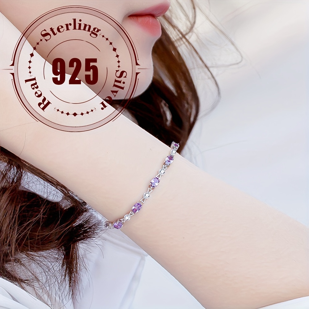TEMU 925 Sterling Silver Bracelet With Purple Cubic Zirconia Elegant & , Exquisite Jewelry Gift For Female