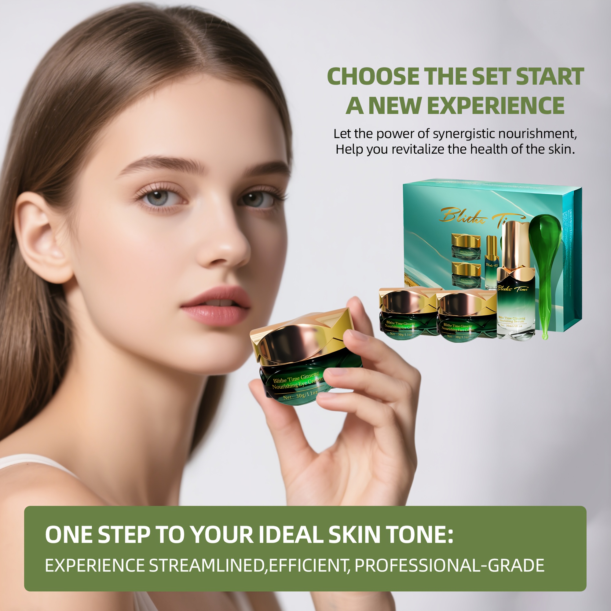 Blithe Time GINSENG HRANJIVI SET OD 4 KOMADA, SADRŽI KREMU ZA LICE, KREMU ZA OČI, ULJE ZA LICE, ŠTAPIĆ ZA MASAŽU LICA, SADRŽI EKSTRAKT KORENJA GINSENGA I DRUGE BILJNE EKSTRAKTE, ZATEŽUJE SVJETLO BEŽ TON, SET ZA NJEGU KOŽE ZA ŽENE, ČINI SVJETLO BEŽ TON MLAĐIM