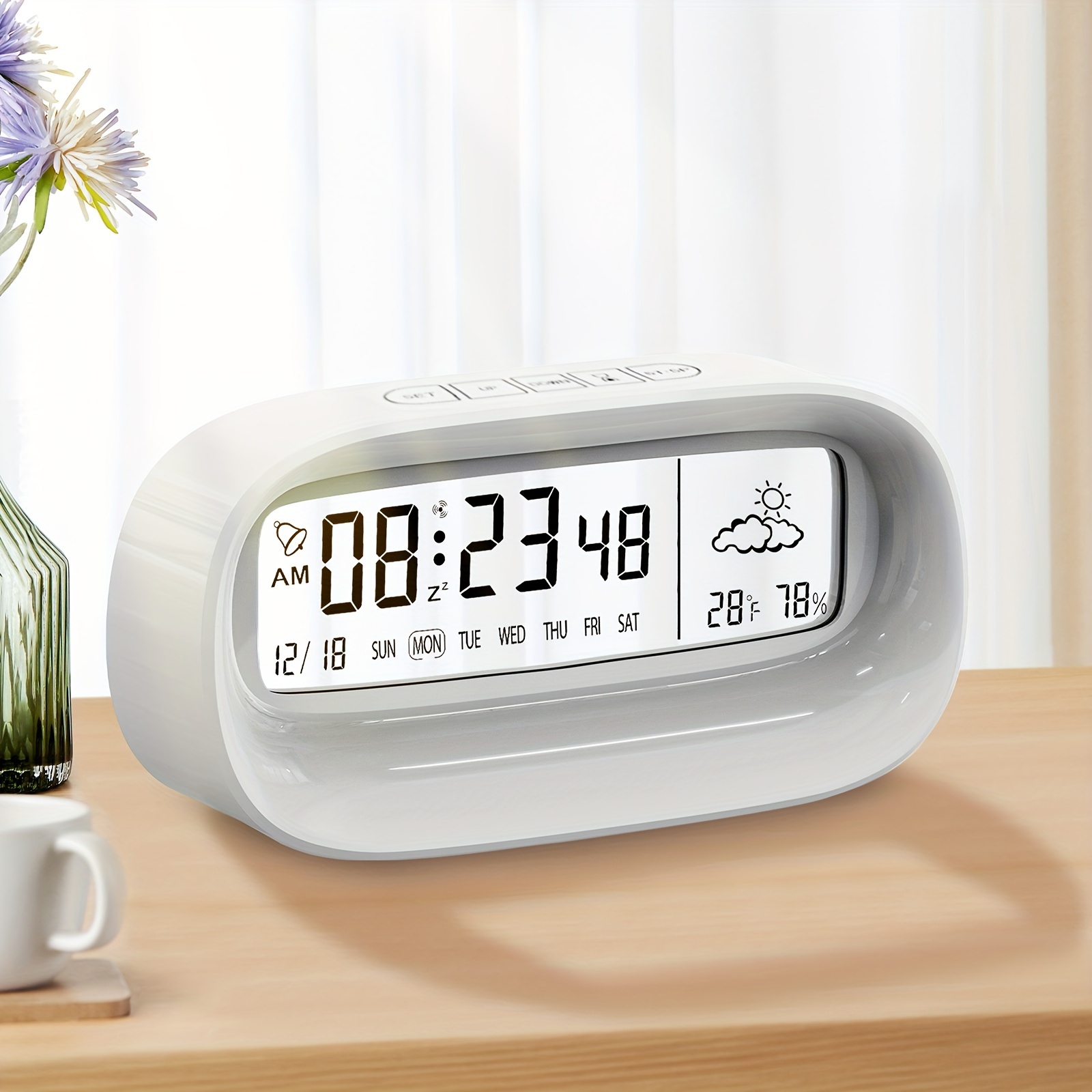 

Digital Alarm Clocks For Bedrooms Battery Powered Desk Clock With Seconds, Date, Week, 12/24h, Temp, Hum, Snooze For Office, Living Room (transparent Modern Design White)