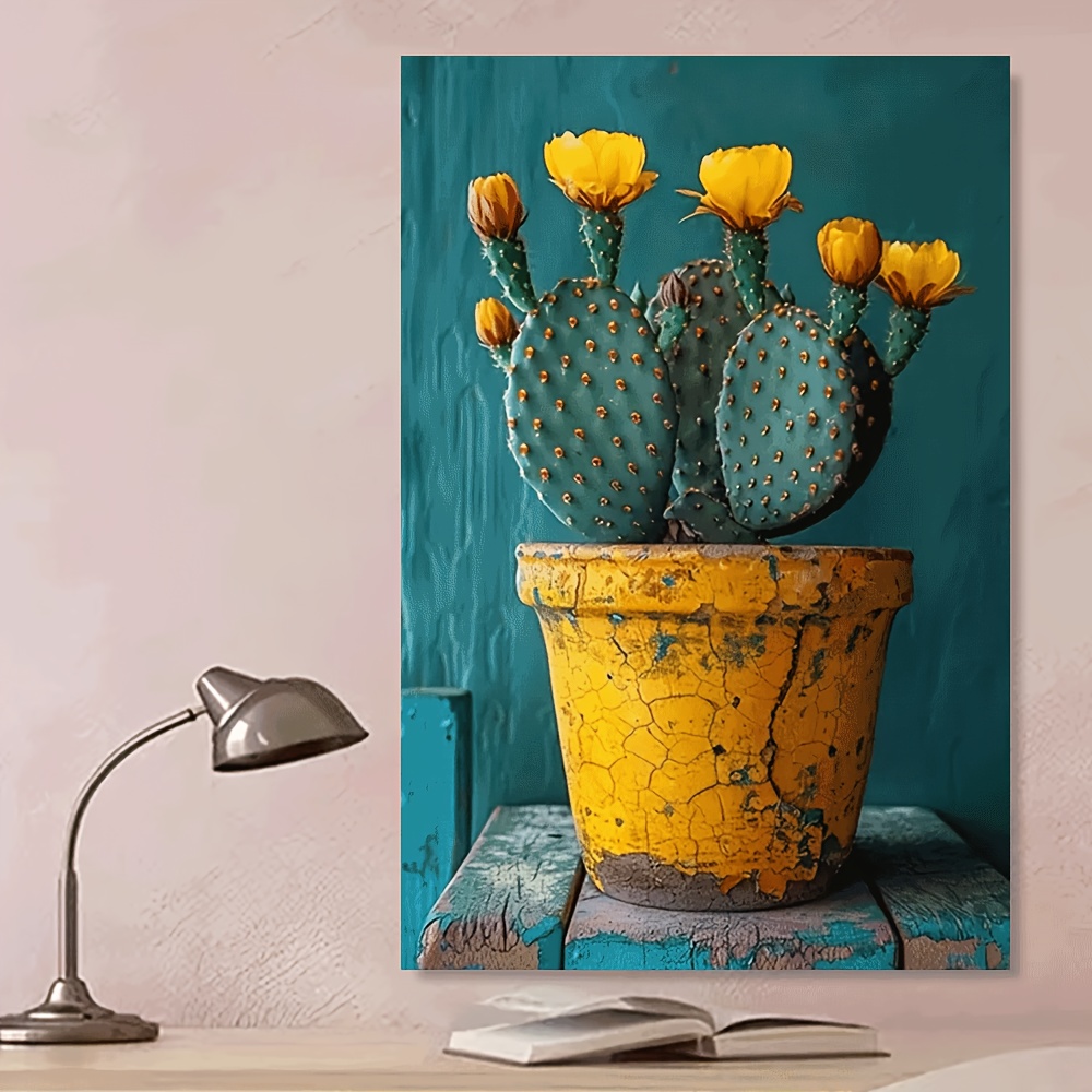 TEMU 1pc da Parete Cactus e - Vaso con Foglie , Pittura Decorativa Senza Cornice per Casa, Ufficio, Caff癡 o Regalo, Perfetta per Soggiorno, Camera da
