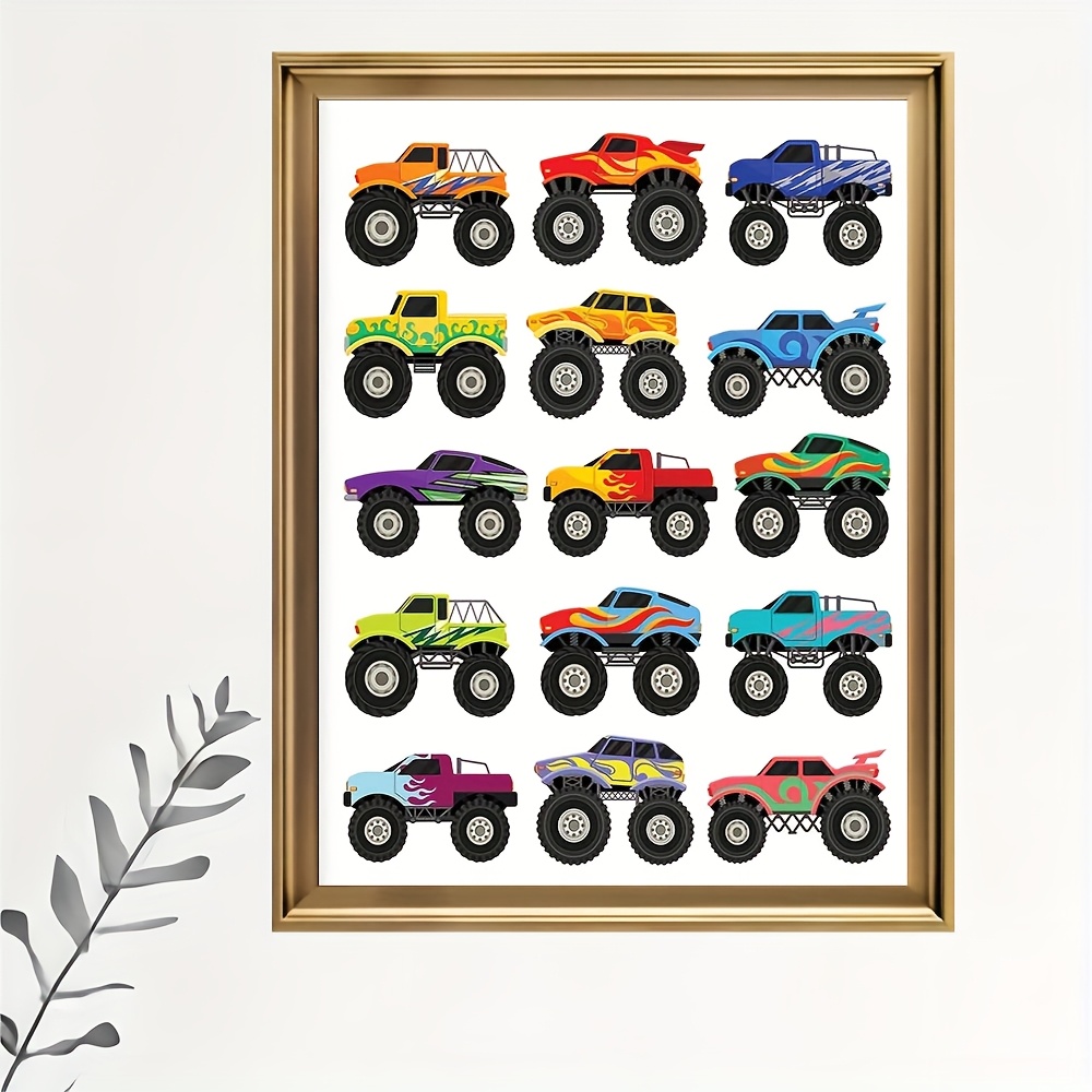 TEMU 2d Flat, 2d Flat, Room Decor Featuring Colorful Monster Truck Illustrations On Wall Art, Unframed Canvas Prints, Decorative Posters, Wall Art,