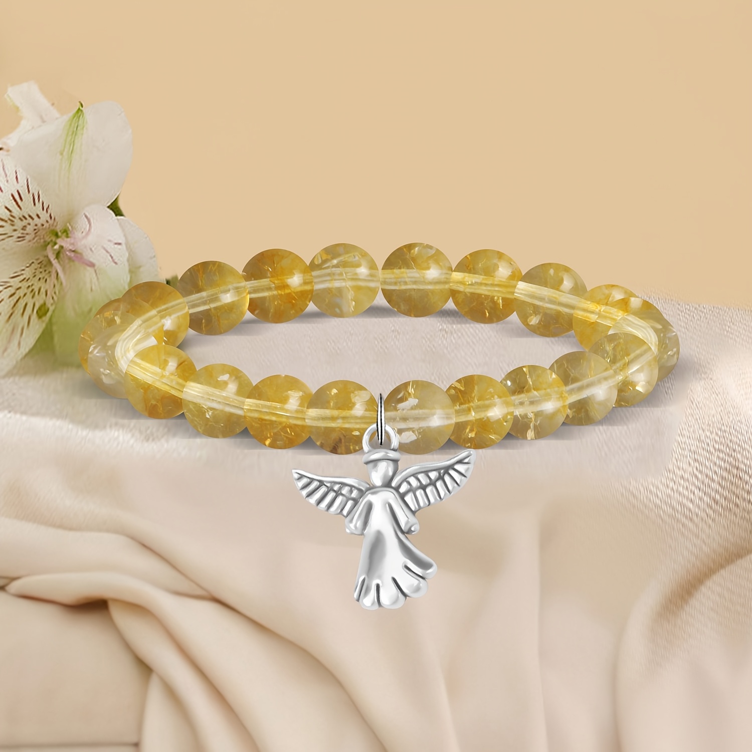Natural Stone Bead Bracelet with Angel Charm Pendant