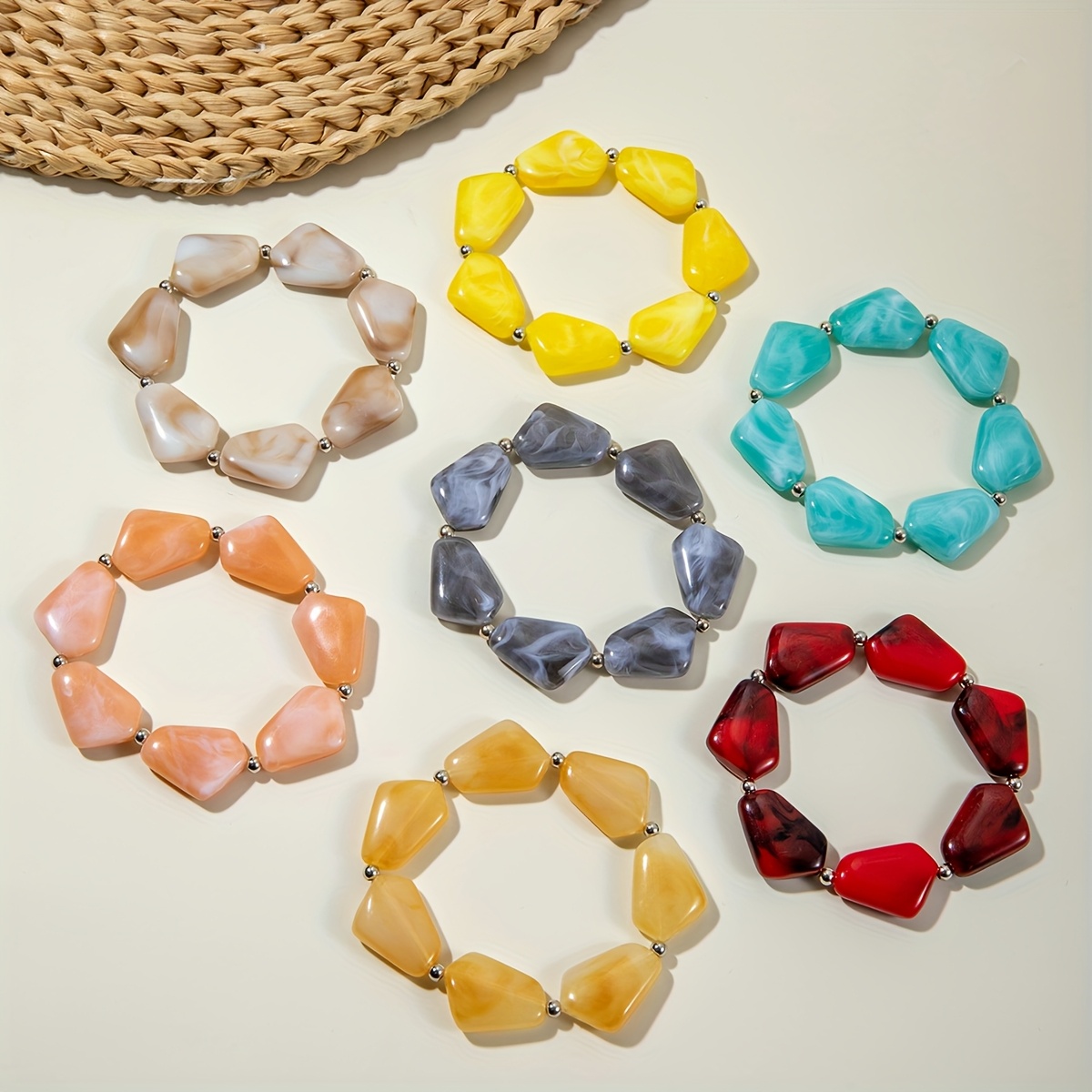 TEMU 1pc 7pcs Fashion Trendy Individual Style Colorful Dopamine Ombre Irregular Acrylic Bead Elastic Rope Style Women's Stackable Bracelet Set