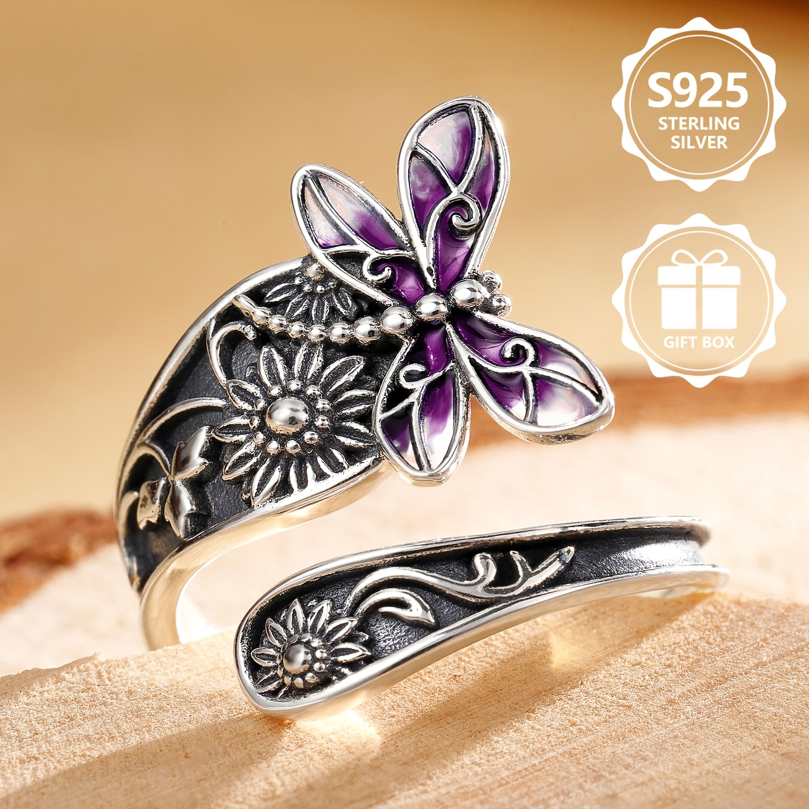 Inel din argint 925 Sterling cu email, Inel deschis sculptat cu flori și fluture mov, Bijuterii din argint stil etnic vintage, Fără nichel, Hipoalergenic, Măiestrie excepțională pentru purtare confortabilă, Versatil pentru uz zilnic, Cadou ideal pentru zile de naștere, aniversări, Ziua
