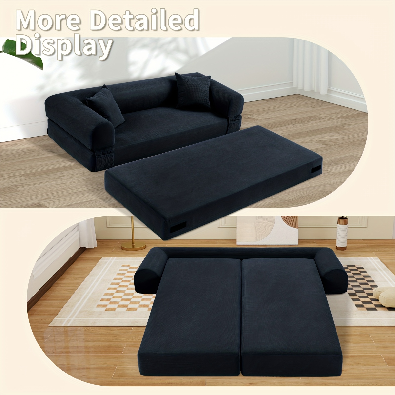80" Convertible Sofa Bed, 3-in-1 Corduroy Folding Pull Out Couch With Pillows, No Assembly Modern Boneless Couch Compression Box, Floor Sofa With Side Storage Pocket For Living Room