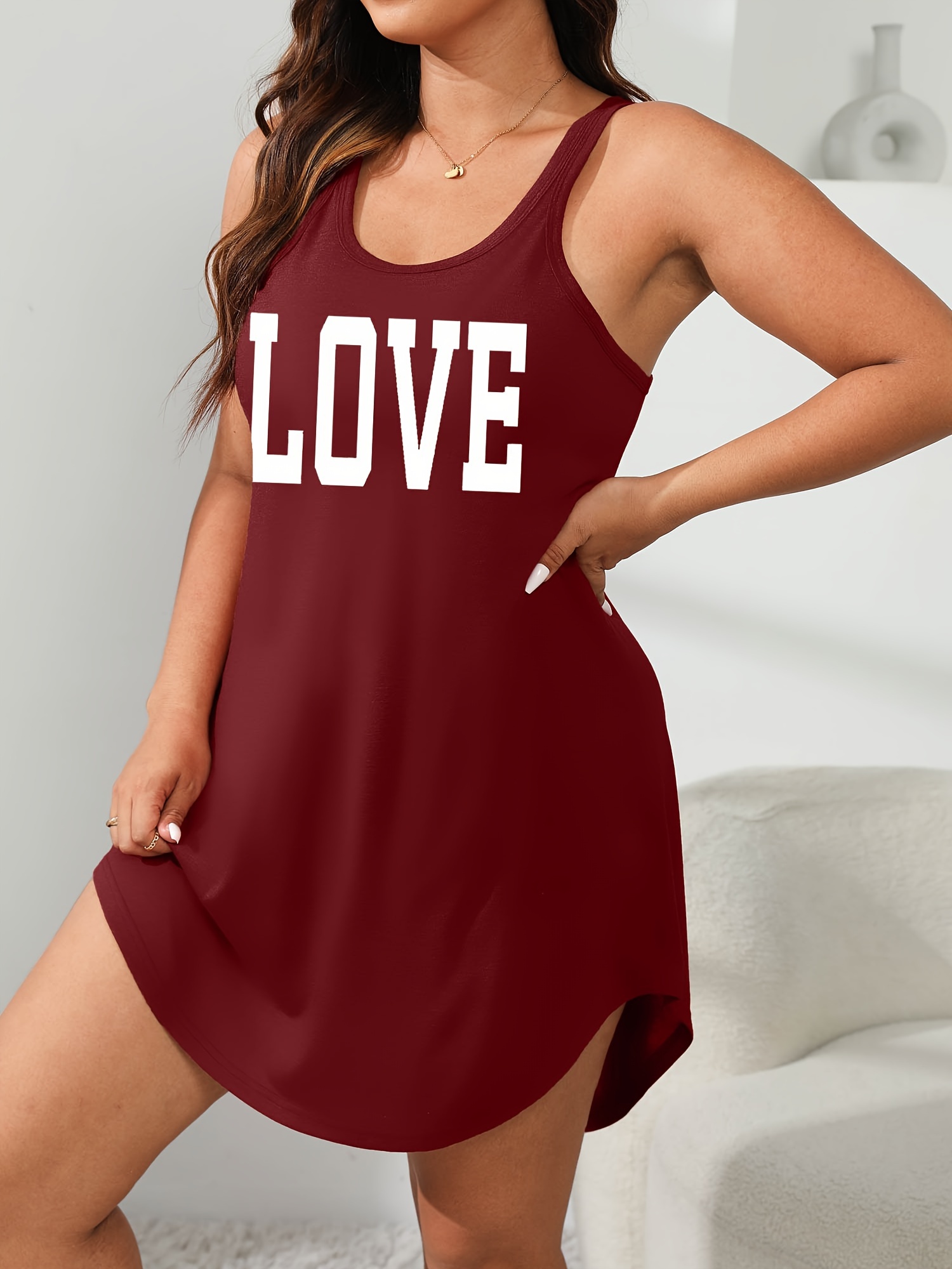 Plus Size Women's LOVE Print Sleeveless Sleep Dress - Olive Green Lounge Nightgown, Machine Washable All-Season Comfort, Casual Loungewear & Sleepwear