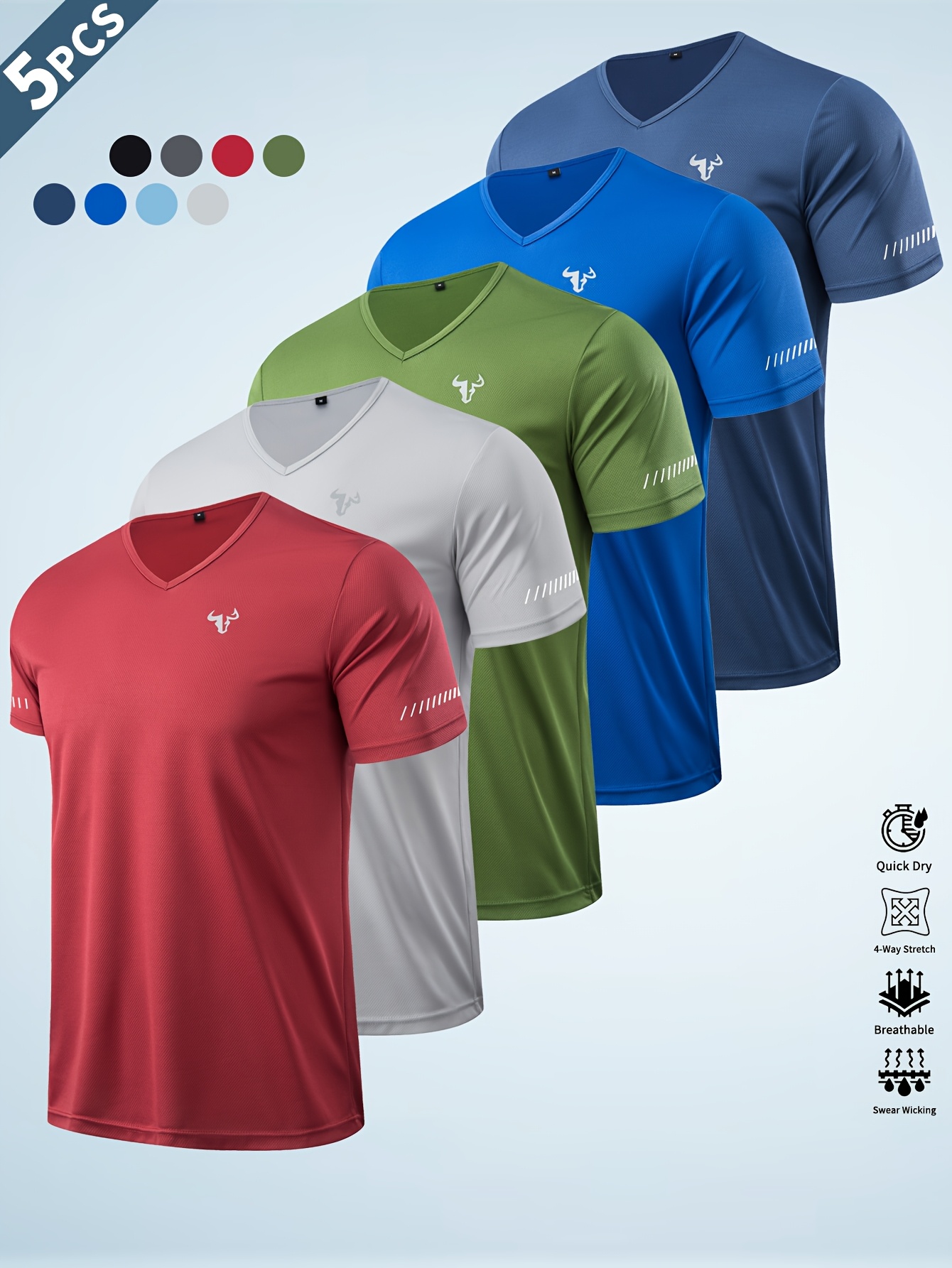 set of 5 mens casual sports t shirts solid color leisure sweatshirts suitable for outdoor exercise and fitness wear made from polyester knit fabric cool breathable quick drying and soft comfortable multifunctional workout clothes ideal for   running cycling fishing basketball and home activities