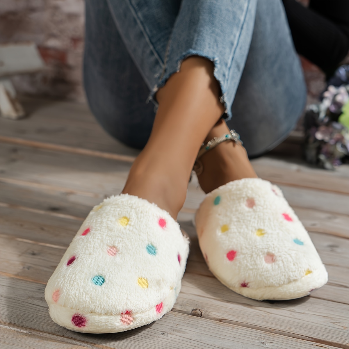 Women's Slippers - Autumn/winter Cozy Indoor Shoes, Colorful Polka Dot Women's Home Shoes, Plush Couple Style Bedroom Slippers, ' Holiday Gift, Women Shoes
