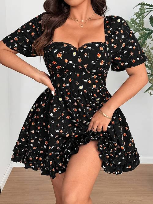 plus size womens elegant floral peplum dress short sleeve square neck non stretch fabric casual stylish spring summer fall casual attire floral pattern dress square neckline