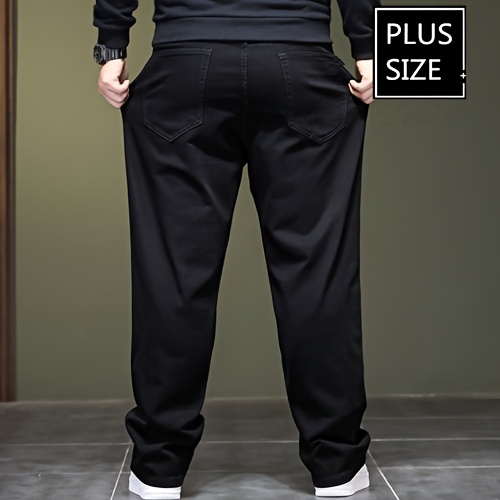 Plus Size Men's Solid Barrel Denim Pants For Spring Fall, Casual Trendy Jeans For Males