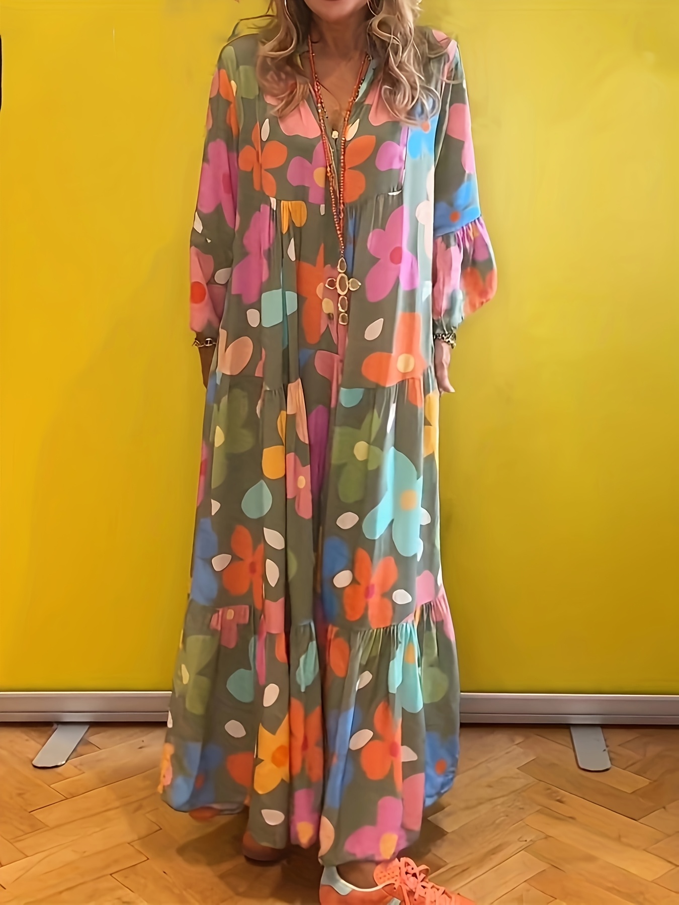 women floral print boho v neck maxi dress layered design - Temu