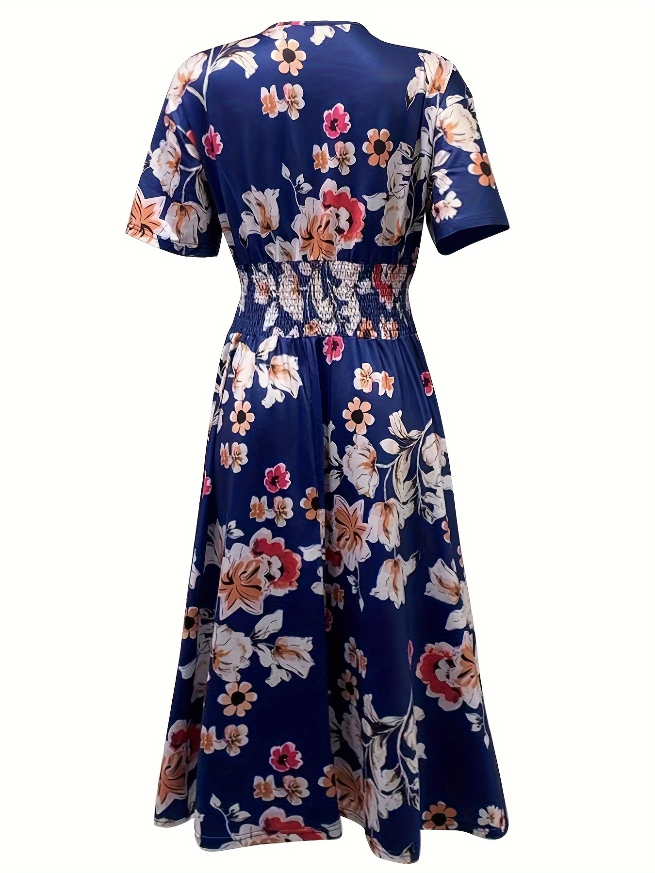 floral print surplice neck dress casual short sleeve shirred waist dress for spring summer womens clothing navy blue 1