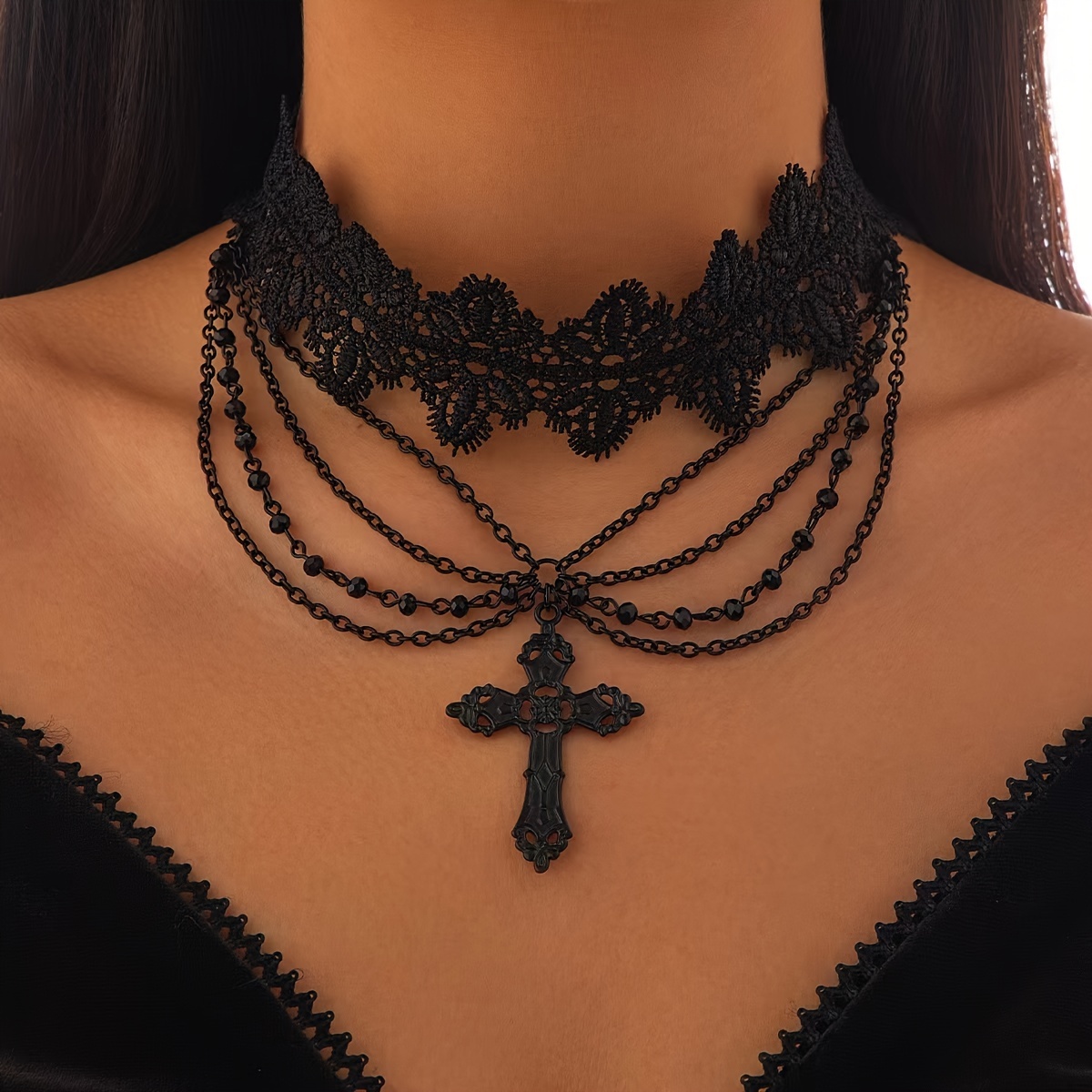 1pc Punk Style Beaded Tassel Chain Halloween Party Handmade Collar Suitable For Women's Gathering Queue Wearing